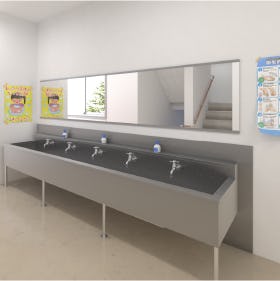 手洗い場の鏡に防湿ミラーSTを使用した事例／学校に必要なトイレ・手洗い場の鏡