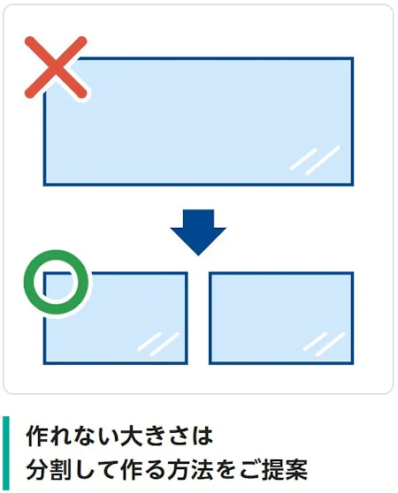 作れない大きさは分割して作る方法をご提案（1枚では作れない大きさを、2枚に分けて作れば製作できることを示す図）
