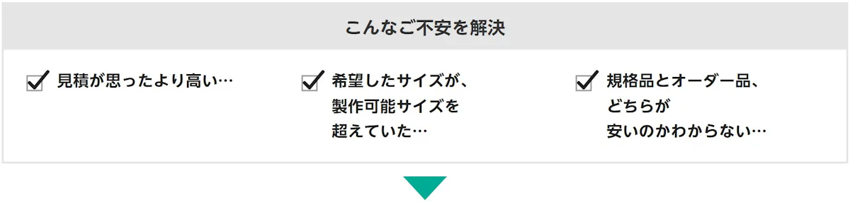 こんなご不安を解決：見積が思ったより高い…、希望したサイズが、製作可能サイズを超えていた…、規格品とオーダー品、どちらが安いのかわからない…