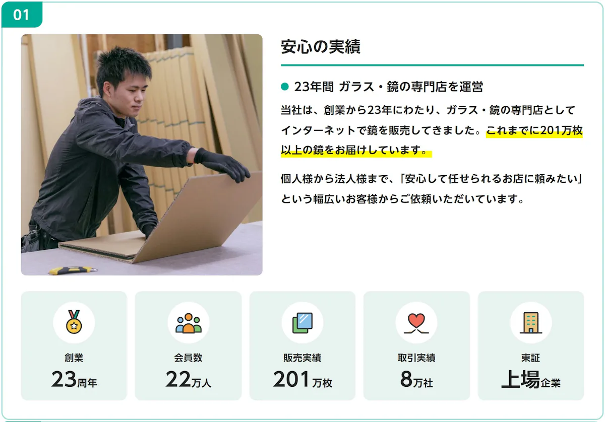 選ばれる理由01 安心の実績。創業23年・会員数22万人・販売実績201万枚・取引実績8万社・東証上場企業