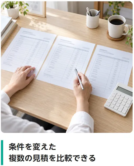 条件を変えた複数の見積を比較できる（条件を変えた複数のお見積書を見比べている様子）