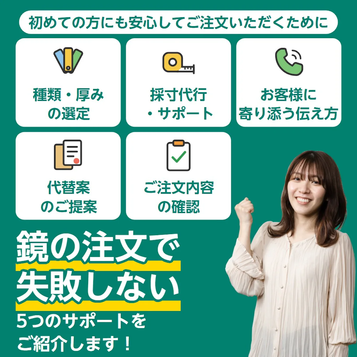 初めての方にも安心してご注文いただくために。鏡の注文で失敗しない5つのサポート（種類・厚みの選定、採寸代行・サポート、お客様に寄り添う伝え方、代替案のご提案、ご注文内容の確認）