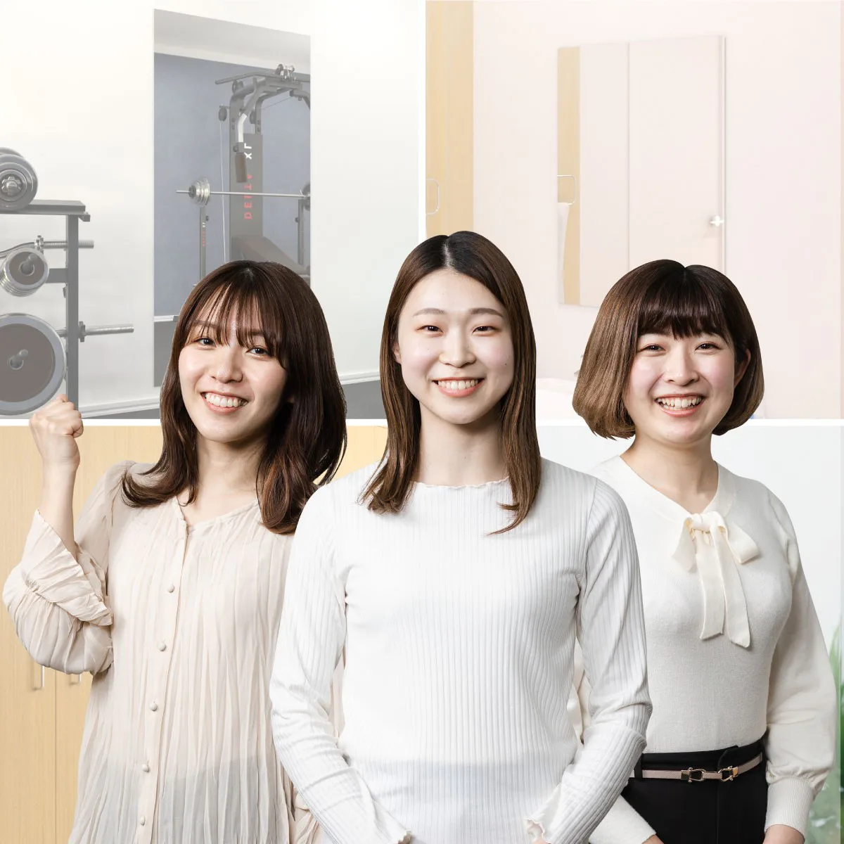 笑顔の当社スタッフ3人と、鏡の使用事例