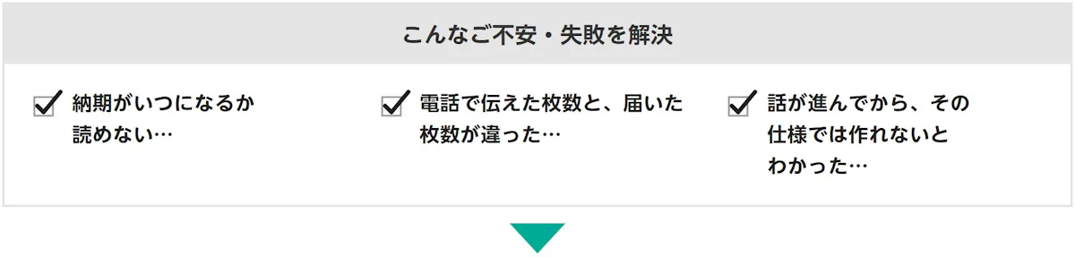 こんなご不安・失敗を解決：納期がいつになるか読めない…、電話で伝えた枚数と、届いた枚数が違った…、話が進んでから、その仕様では作れないとわかった…