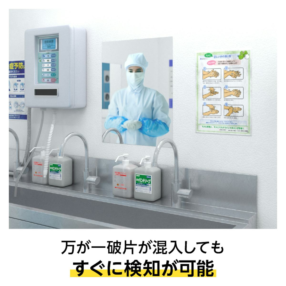 金属製のため金属探知機で探知可能な食品工場用ミラー「ミナリー」