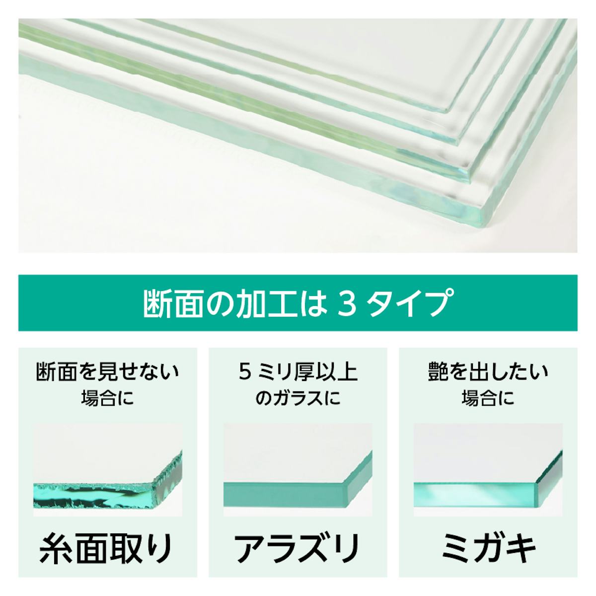 「ゴールドミラー」の断面の加工は3タイプ