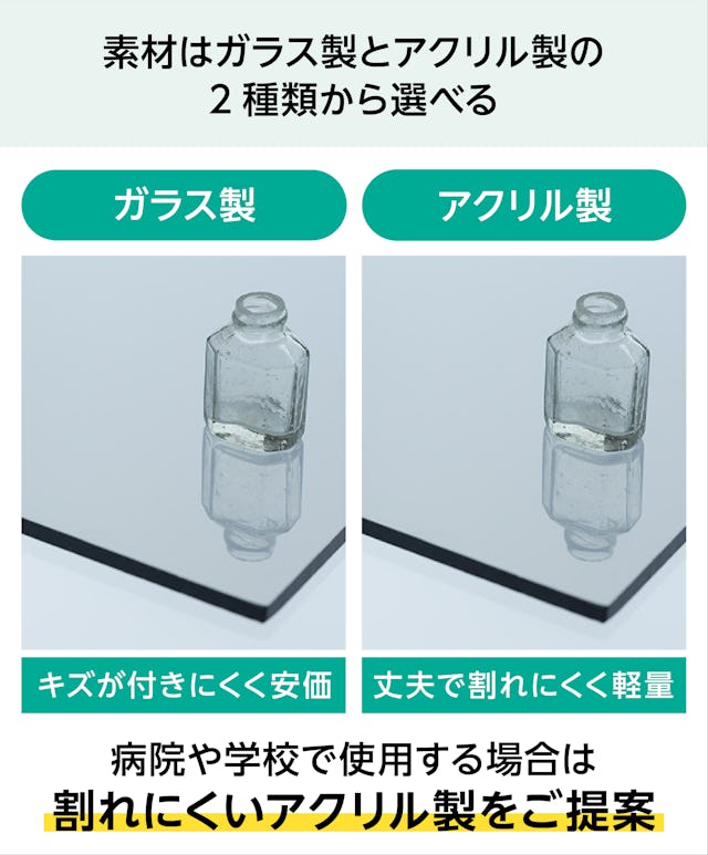 「マジックミラー」の素材はガラス製とアクリル製があり、ガラス製は安い値段で販売していて、アクリル製は丈夫で軽量