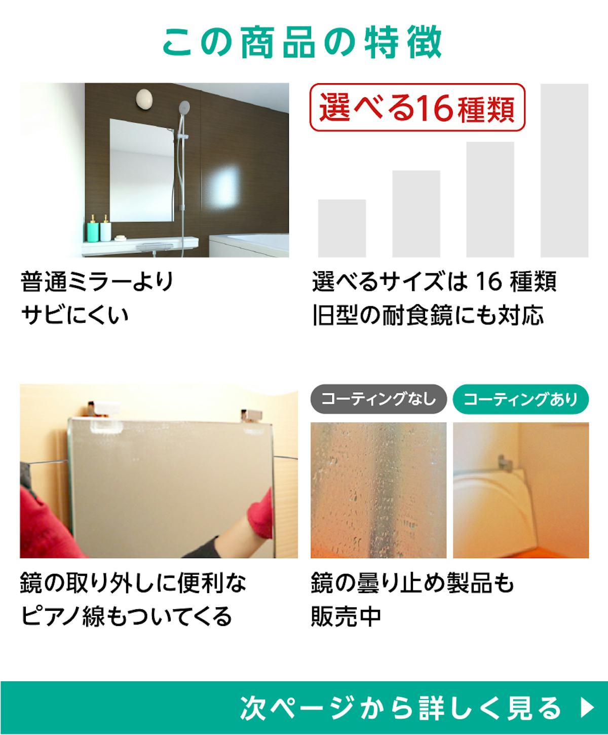 「防湿ミラー(INAX防錆鏡と同サイズ品)」の特徴 - 防錆効果／規格サイズは9種類／取り外しに便利なピアノ線付き／曇り止めも販売中