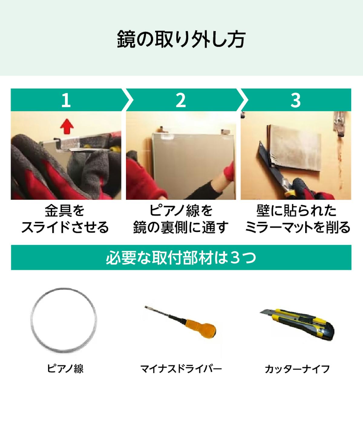 「防湿ミラー(INAX防錆鏡と同サイズ品)」に交換する際の、浴室鏡の取り外し方