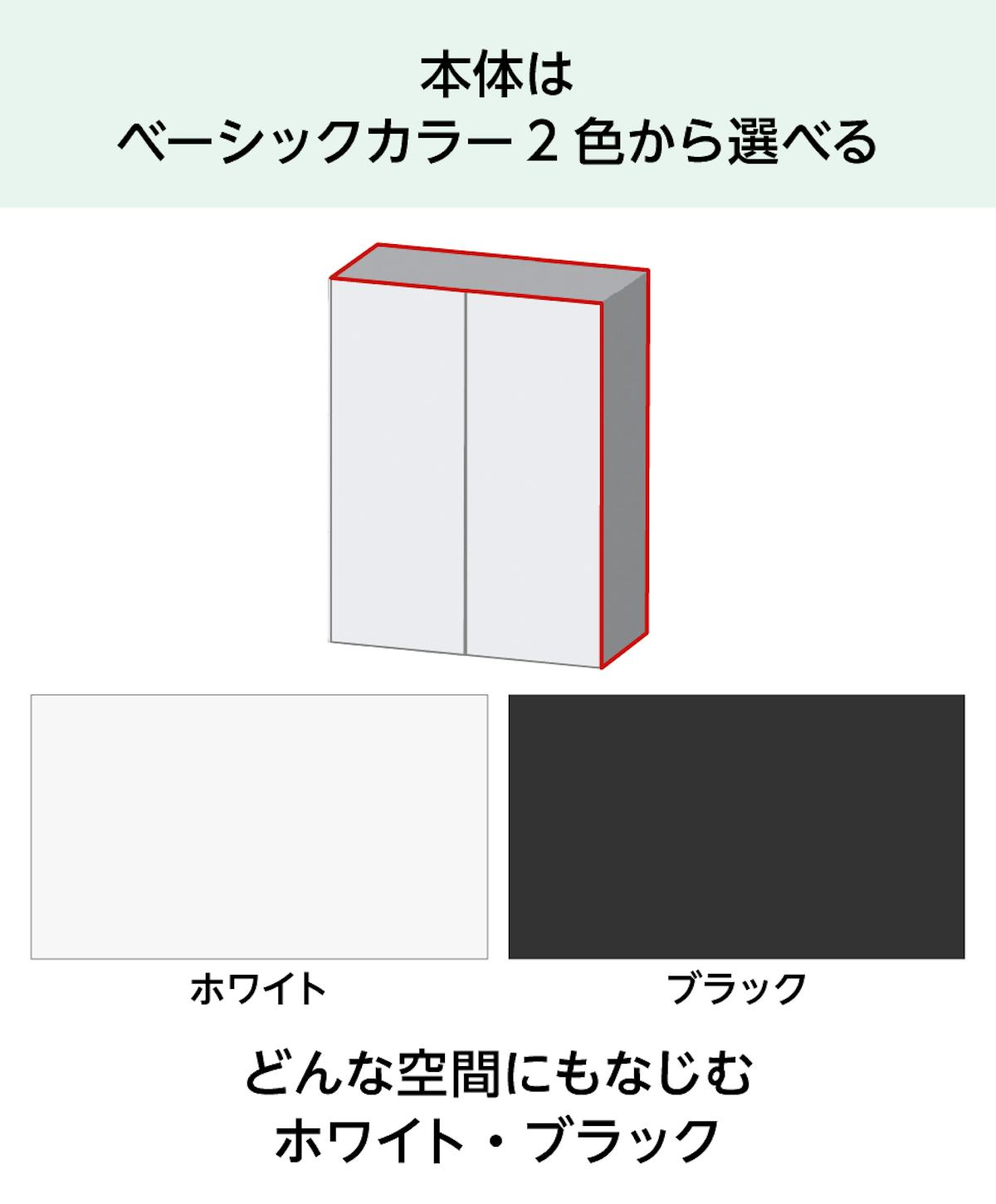 本体がホワイトとブラックの2色から選べる「組み合わせ自由なミラー扉のシューズボックス」