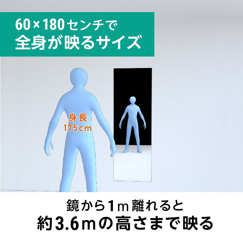 ガラスミラー】手を上げた全身が映るサイズ③ 幅60×高さ180センチ×厚み