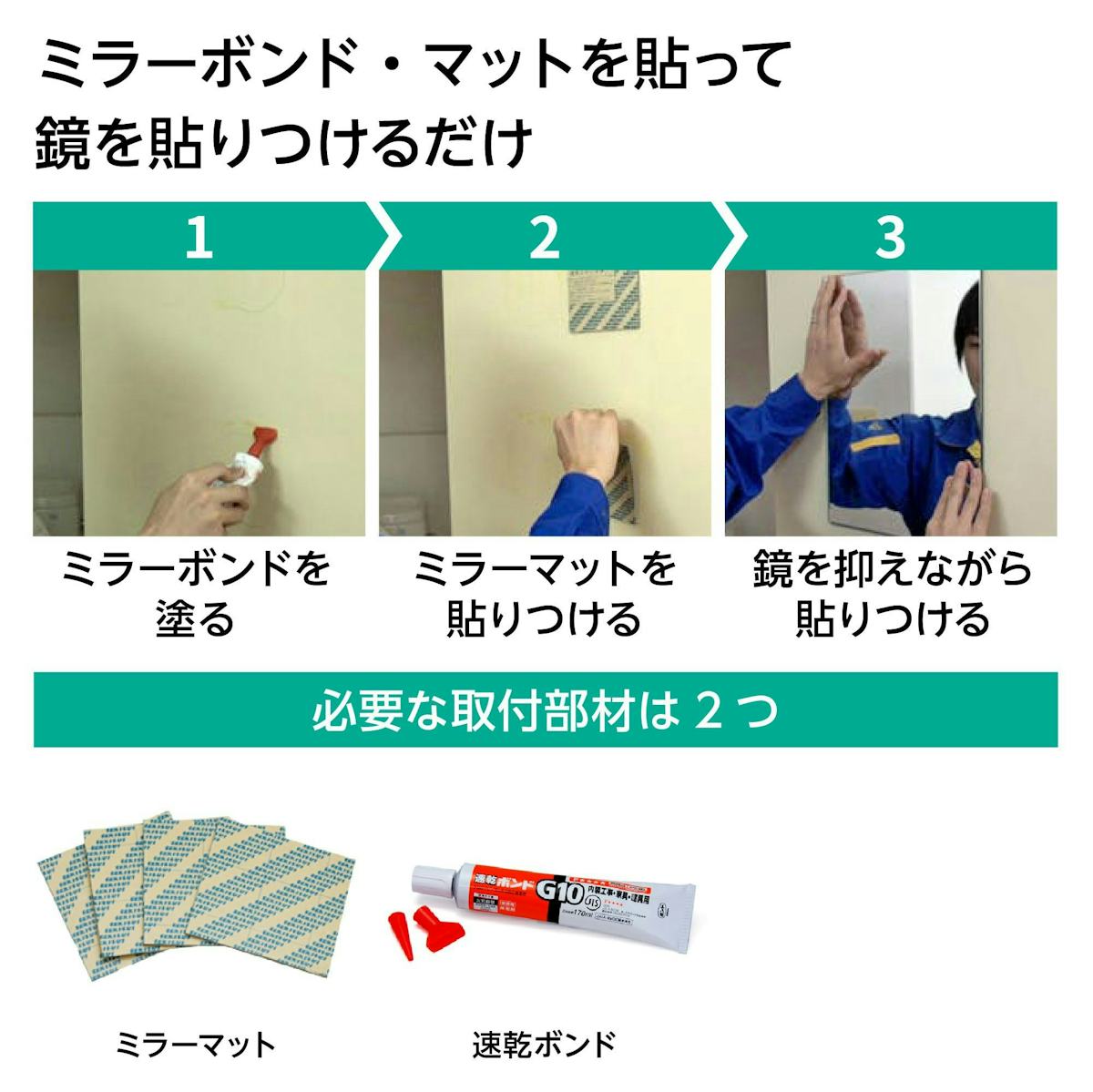 アルミミラー - 超軽量だから施工も簡単／①ミラーボンドを塗る　②ミラーマットを貼り付ける　③鏡を抑えながら貼りつける