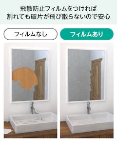 浴室鏡 規格サイズ／TOTO耐食鏡・化粧鏡と同サイズ - 飛散防止フィルム 有無の比較