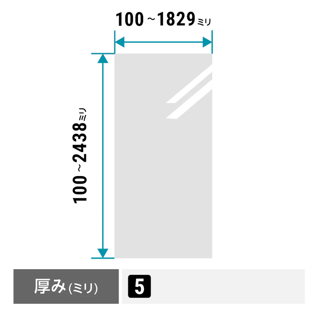 縦100ミリ～2,438ミリ、横100～1,829ミリの間なら1ミリ単位でサイズオーダーが可能