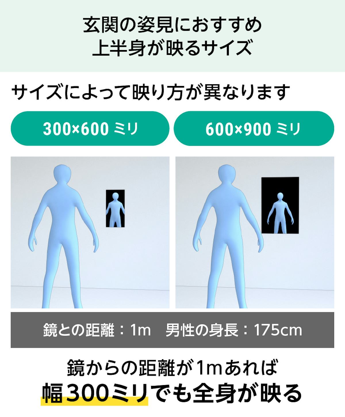 顔・上半身を映す姿見ミラー - 玄関の姿見に推奨 上半身が映るサイズ