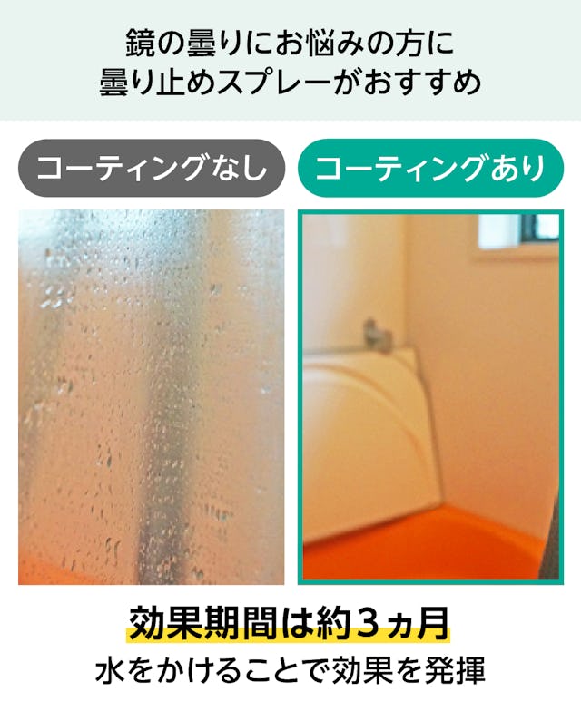 防湿ミラー／お風呂の鏡・浴室鏡 - 曇り止めスプレー／コーティングあり なしの比較