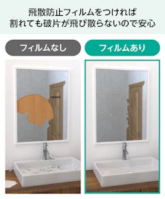 防湿ミラー／お風呂の鏡・浴室鏡 - 飛散防止フィルム／フィルムあり なしの比較