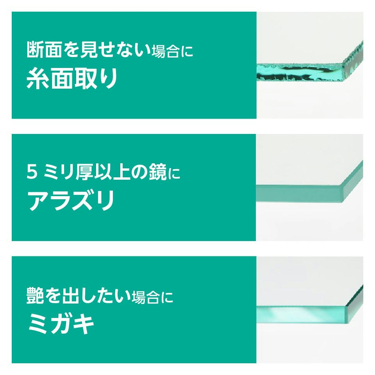 色ミラー(カラーミラー) - 断面の加工は3タイプ/①糸面取り ②アラズリ ③ミガキ