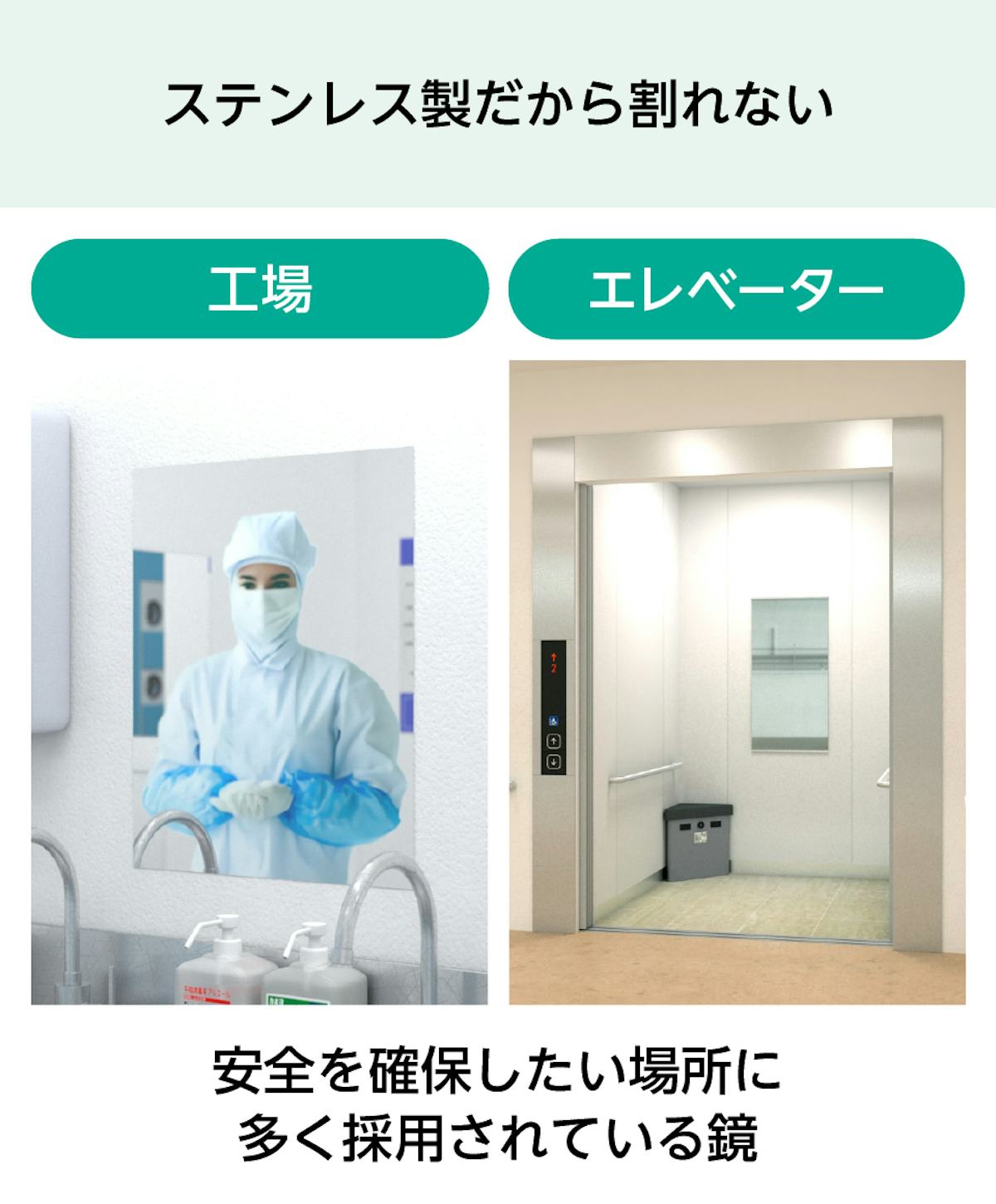 ステンレスミラー - ステンレス製で割れない／工場、エレベーターの鏡に