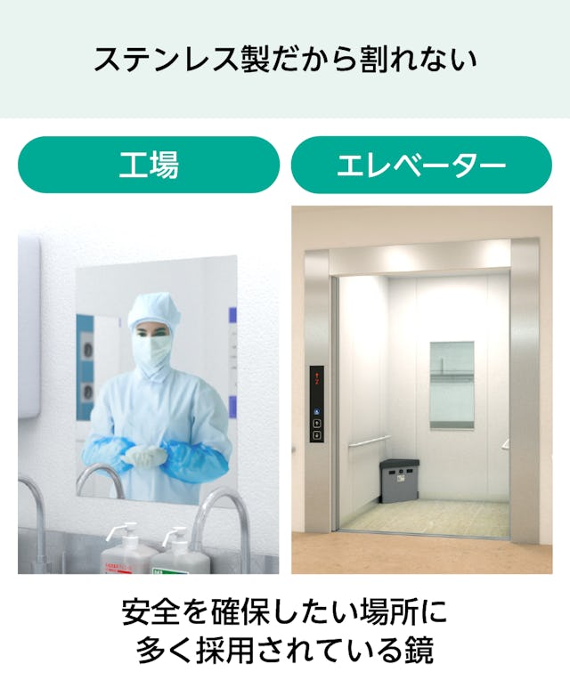 ステンレスミラー - ステンレス製で割れない／工場、エレベーターの鏡に