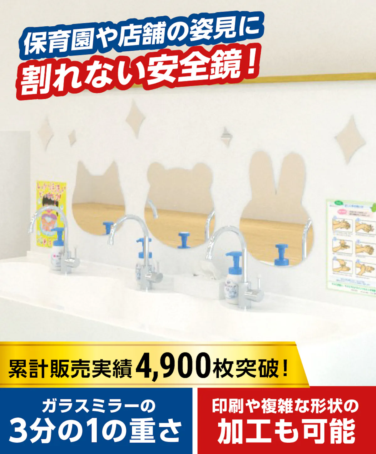 軽量で割れない安全な鏡 アクリルミラー サイズオーダー(オーダーメイド)で作成可能／値段の見積り可能