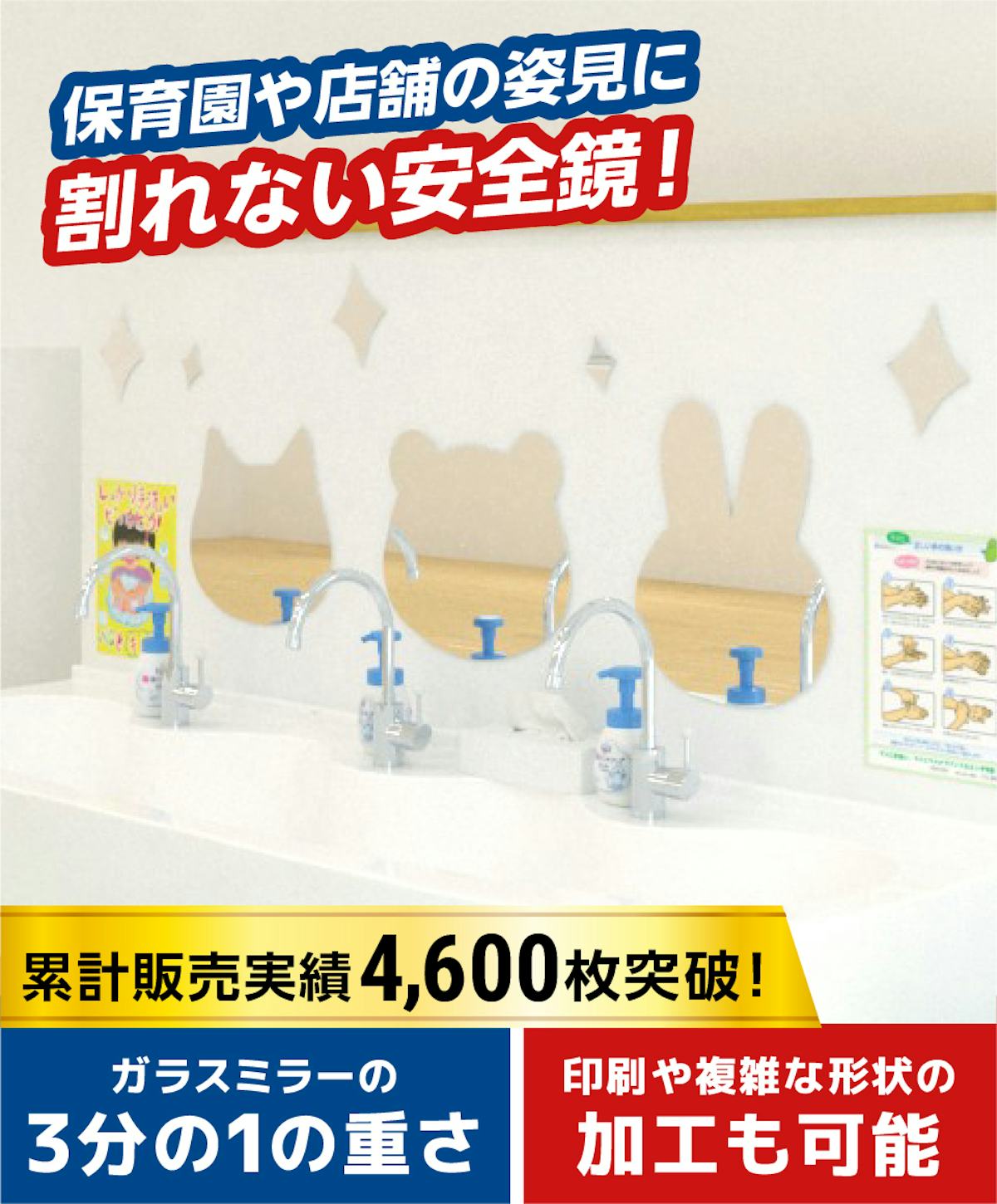 軽量で割れない安全な鏡 アクリルミラー サイズオーダー(オーダーメイド)で作成可能／値段の見積り可能