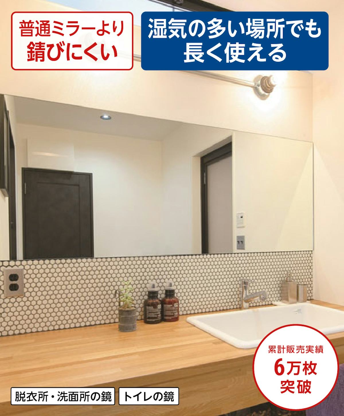 洗面台用の鏡「防湿ミラーST」 - サビに強い／湿気の多い場所でも長く使える