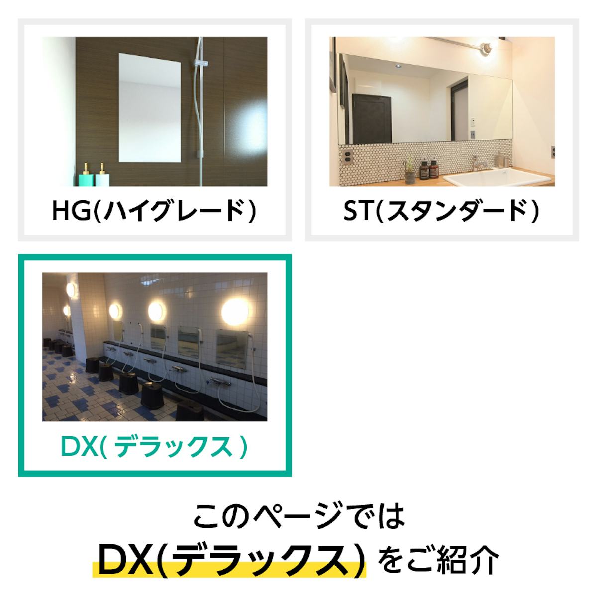 3タイプの防湿ミラー - 「HG(ハイグレード)」「ST(スタンダード)」「DX(デラックス)」