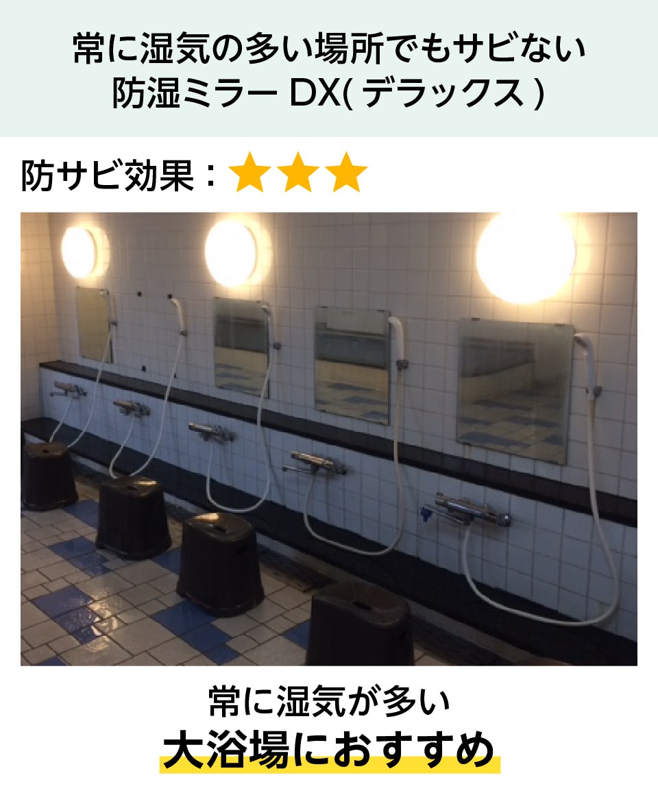 銭湯・大浴場の鏡「防湿ミラーDX」 - 常に湿気の多い入浴場におすすめ